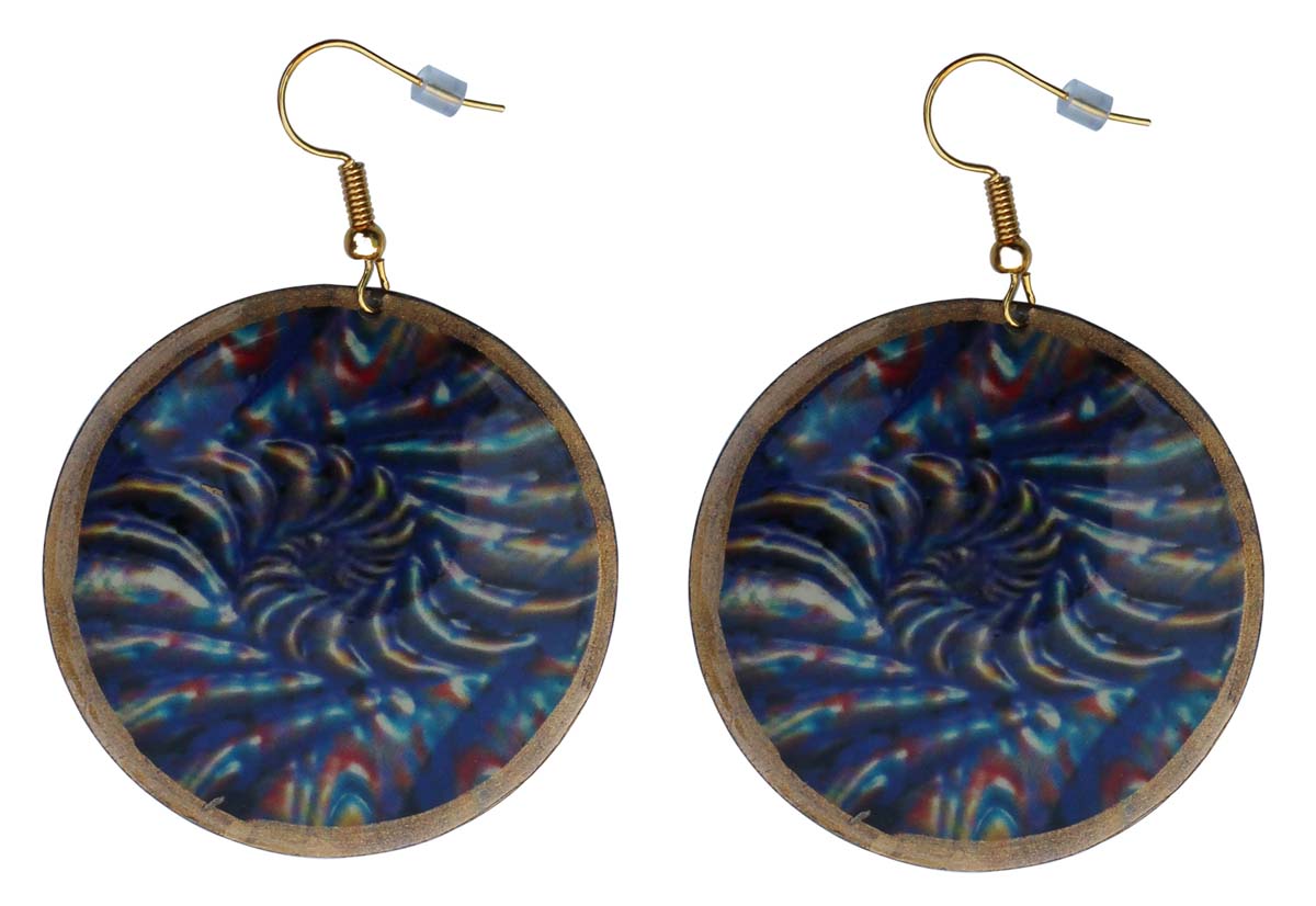 2.5” Round Brass Hook Earrings with Blue Abstract Pattern - Drop Earrings / Accessories for Her - Buy in Bulk Wholesale